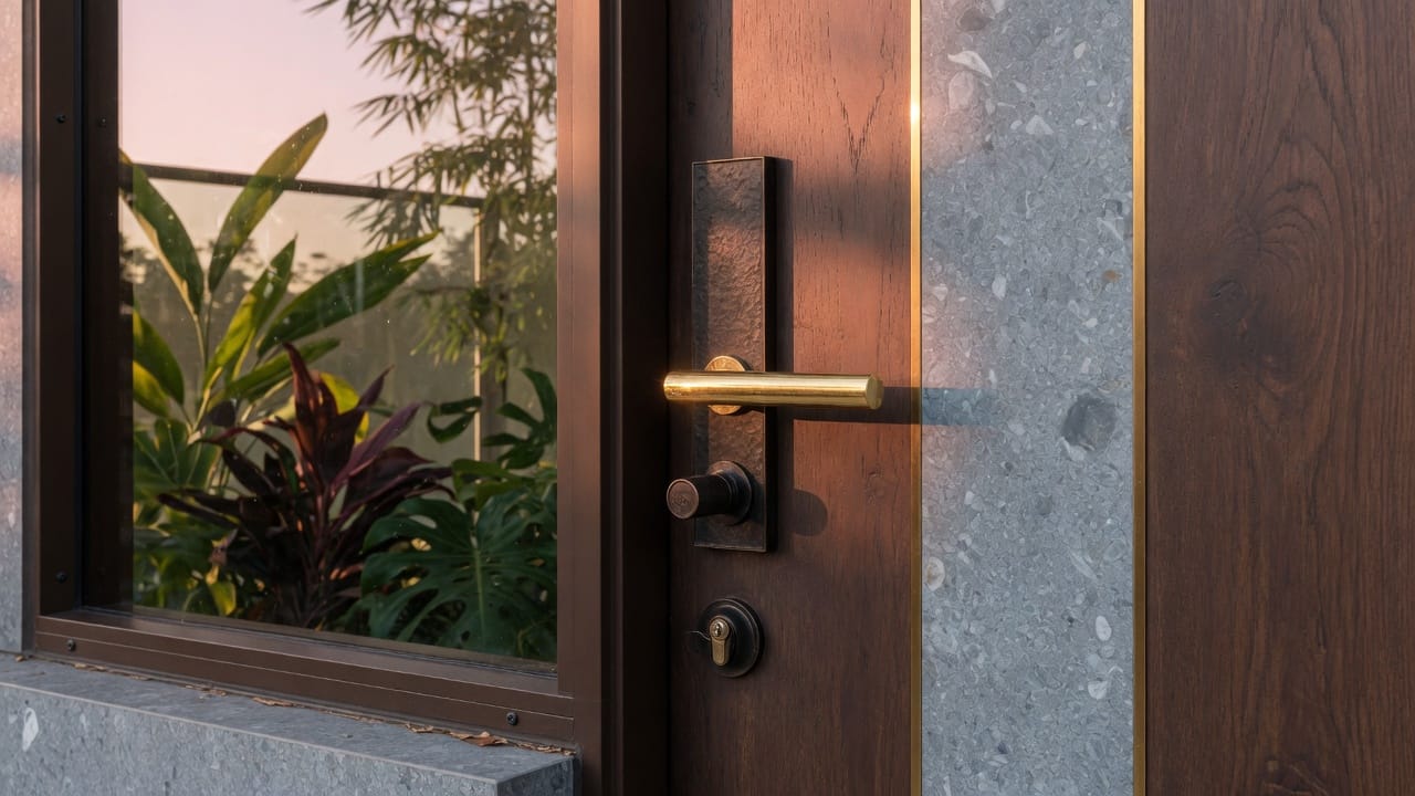 Bronze and gold hardware on a timber entrance