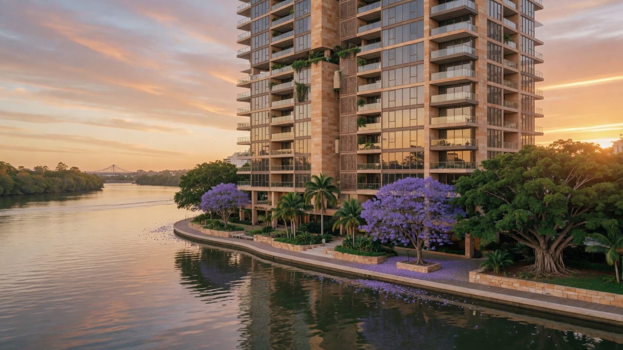 Riverfront apartment building at golden hour in subtropical Brisbane